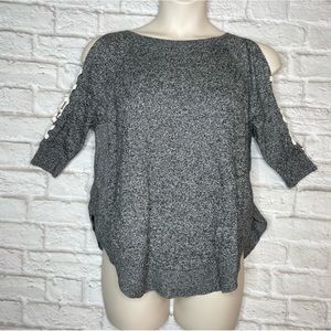 Express Lace Up Sleeve Cold Shoulder Sweater Women’s XS Heather Gray Black